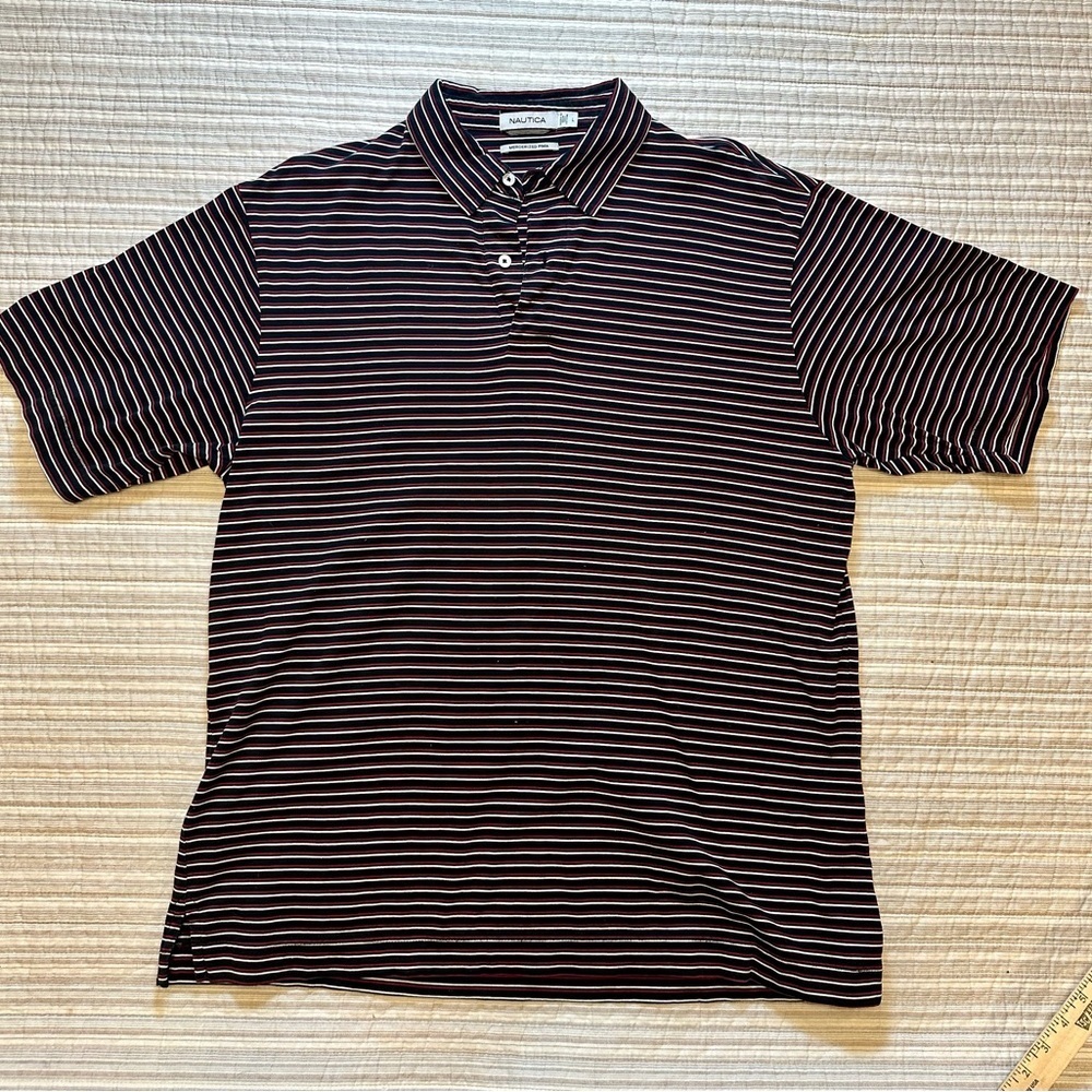 Nautica Polo Shirt Large Mercerized Pima Cotton Striped Short Sleeve Black Red